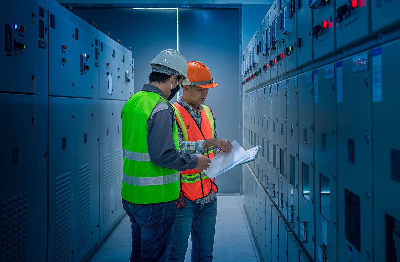 techniciens avec casques et gilets réfléchissants inspectant une salle électrique